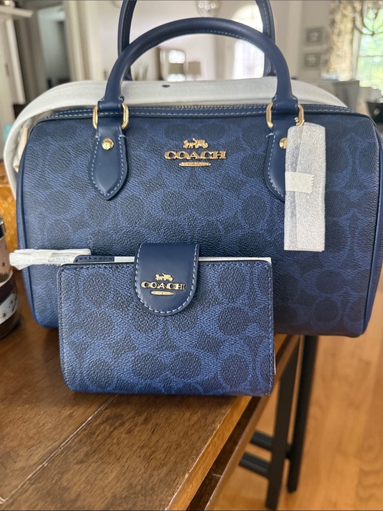 Coach Handbags - NWT Coach Navy Signature Rowan Medium Satchel and Wallet Set